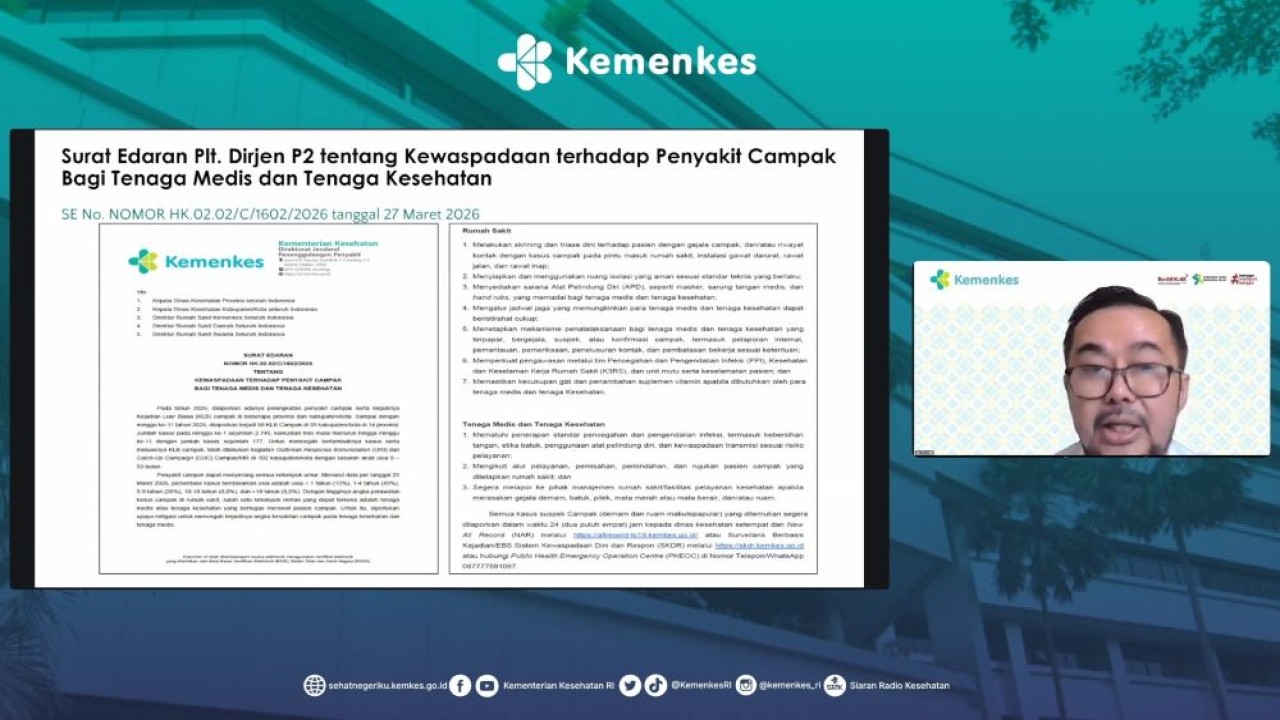 Kementerian Kesehatan (Kemenkes) resmi mengeluarkan Surat Edaran (SE) tentang Kewaspadaan terhadap Penyakit Campak bagi Tenaga Medis dan Tenaga Kesehatan. (Foto: Dok/Istimewa/Bakom RI)