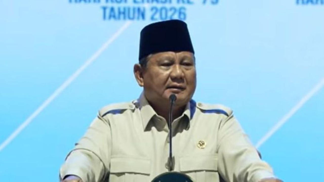 Presiden Prabowo Subianto menghadiri puncak peringatan Hari Koperasi Nasional (Harkopnas) ke-79 di Indonesia Arena, Kompleks Gelora Bung Karno (GBK), Jakarta, pada 12 Juli 2026. (Foto: YouTube Sekretariat Presiden)